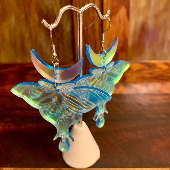 New Iridescent Luna Moth Laser Acrylic Earrings - Picture 2 of 9